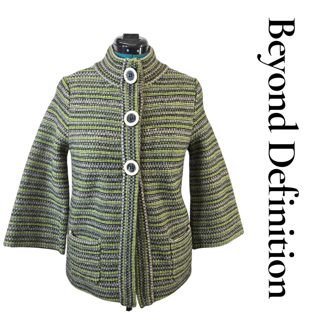 Beyond Definition Wool Blend Striped Mock Neck Cardigan Sweater Green Grey S‎